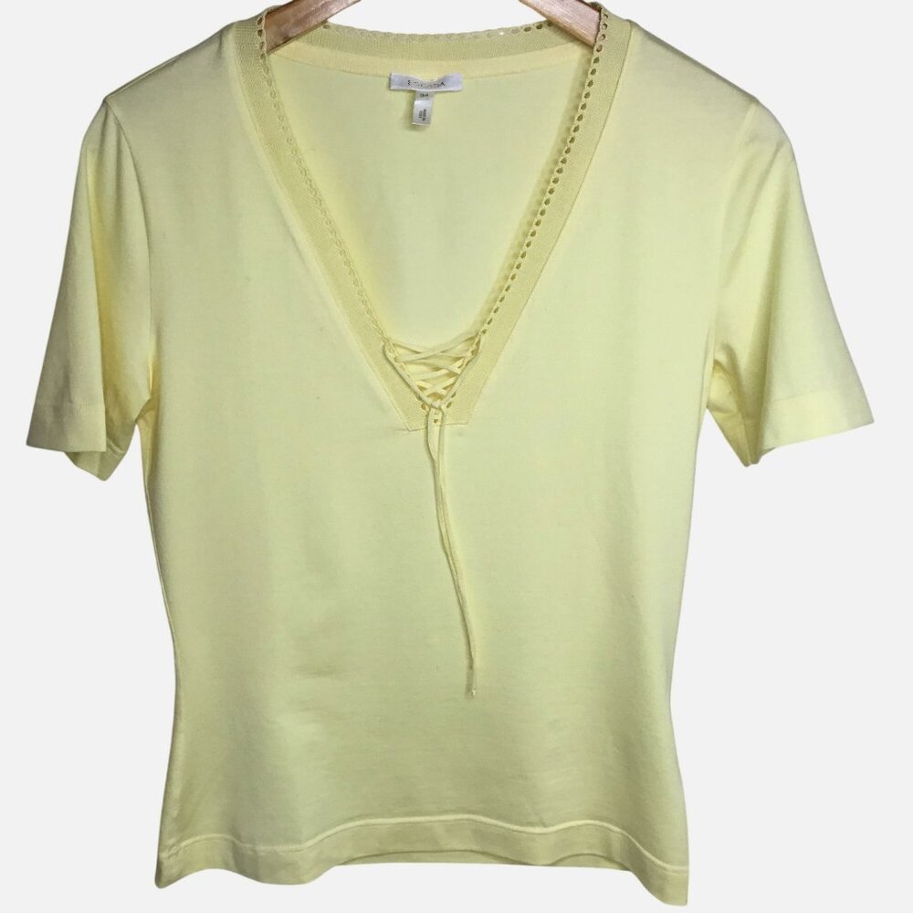 ESCADA Butter Yellow Lace-Up V-Neck Italy Cotton Short Sleeve Luxury Top 34 S